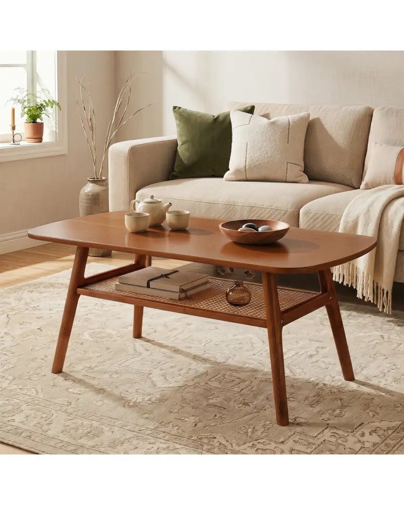 2-Tier Boho Rattan Coffee Table with Rounded Corners-Walnut - Walnut - Coffee Tables