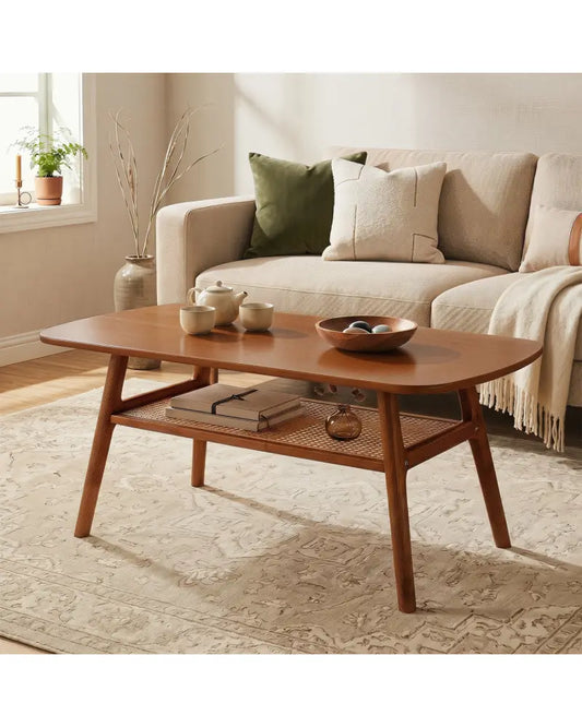 2-Tier Boho Rattan Coffee Table with Rounded Corners-Walnut - Walnut - Coffee Tables