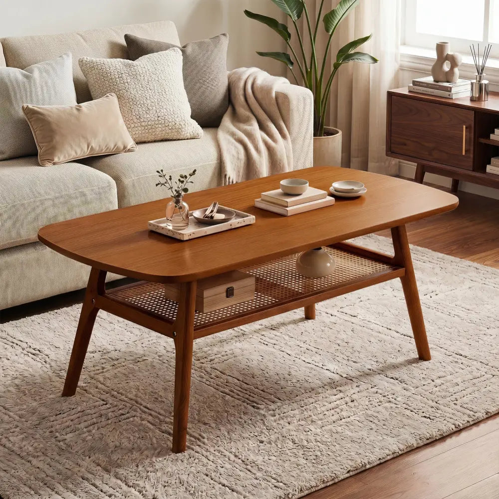 2-Tier Boho Rattan Coffee Table with Rounded Corners-Walnut - Walnut - Coffee Tables
