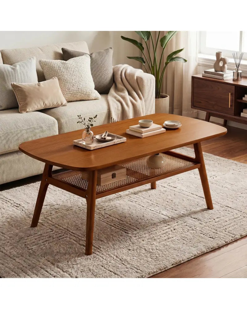 2-Tier Boho Rattan Coffee Table with Rounded Corners-Walnut - Walnut - Coffee Tables