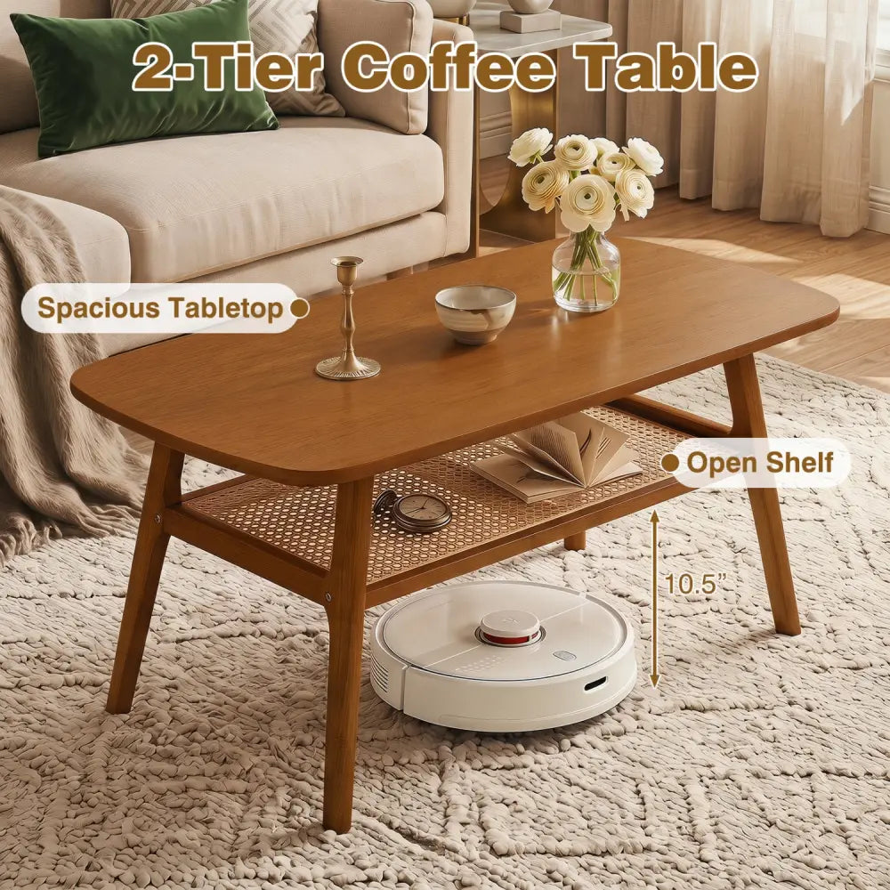 2-Tier Boho Rattan Coffee Table with Rounded Corners-Walnut - Walnut - Coffee Tables