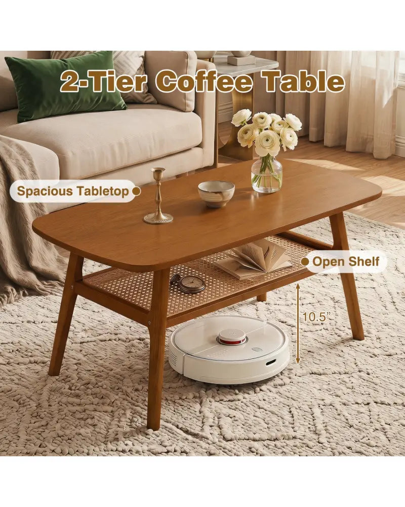 2-Tier Boho Rattan Coffee Table with Rounded Corners-Walnut - Walnut - Coffee Tables