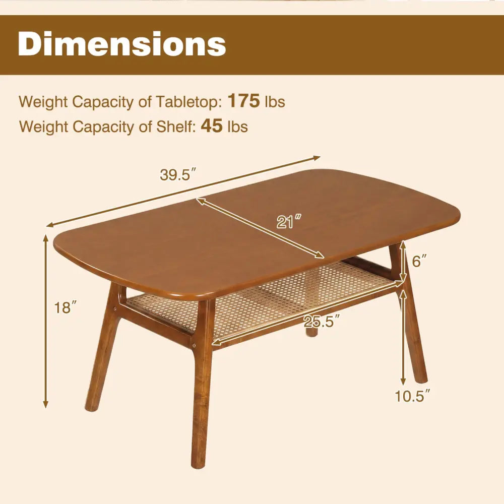 2-Tier Boho Rattan Coffee Table with Rounded Corners-Walnut - Walnut - Coffee Tables