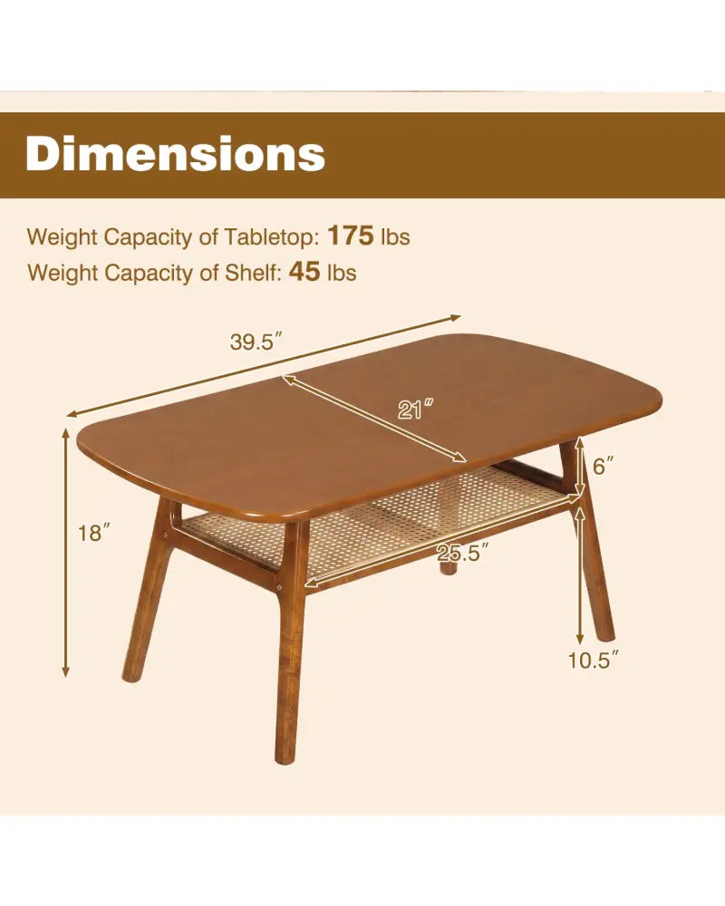 2-Tier Boho Rattan Coffee Table with Rounded Corners-Walnut - Walnut - Coffee Tables