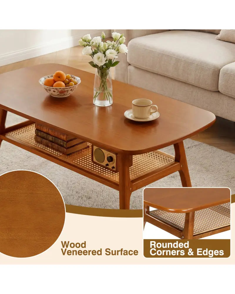 2-Tier Boho Rattan Coffee Table with Rounded Corners-Walnut - Walnut - Coffee Tables