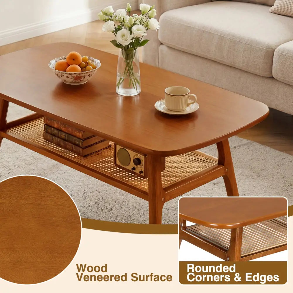 2-Tier Boho Rattan Coffee Table with Rounded Corners-Walnut - Walnut - Coffee Tables