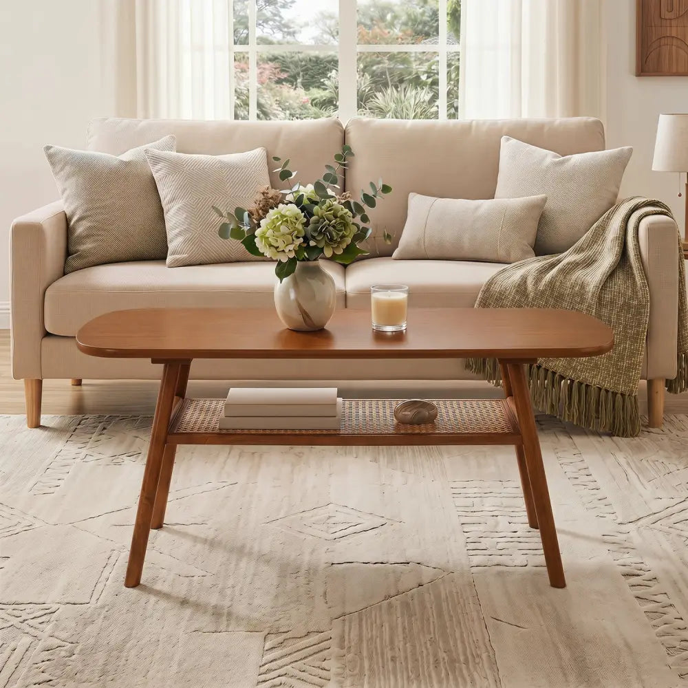 2-Tier Boho Rattan Coffee Table with Rounded Corners-Walnut - Walnut - Coffee Tables