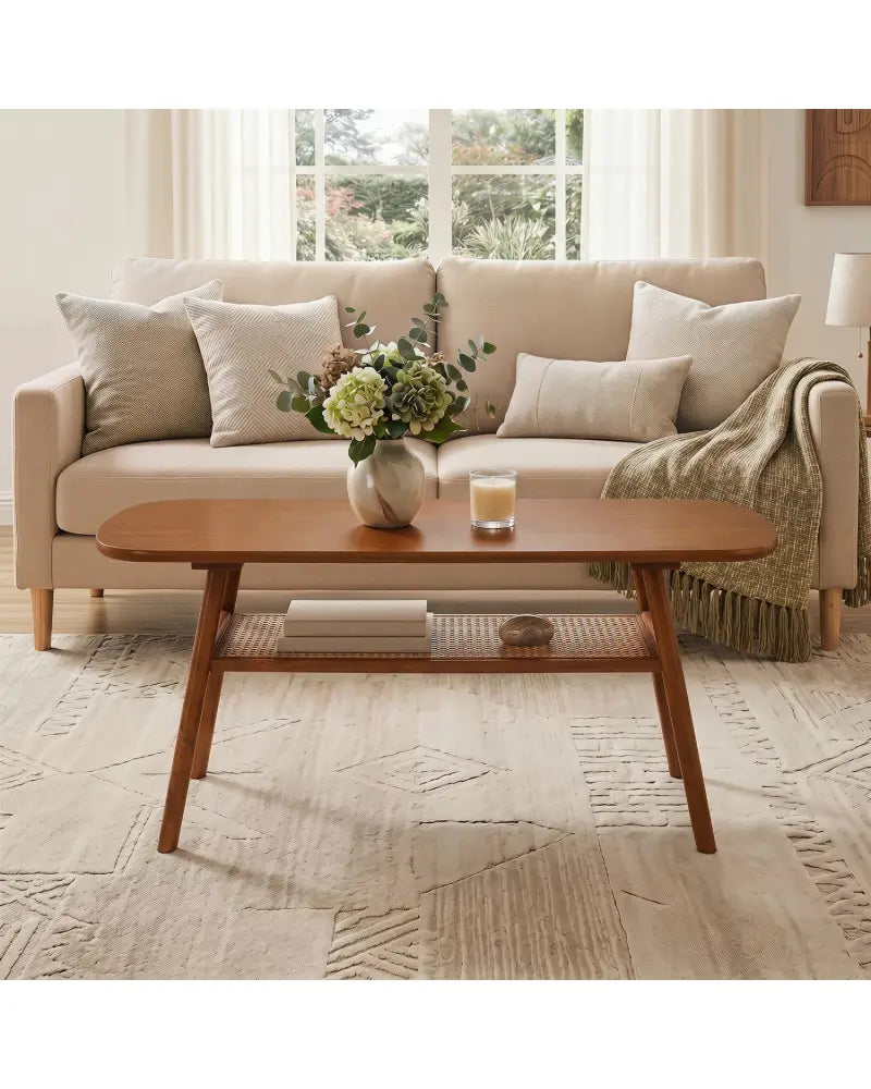 2-Tier Boho Rattan Coffee Table with Rounded Corners-Walnut - Walnut - Coffee Tables