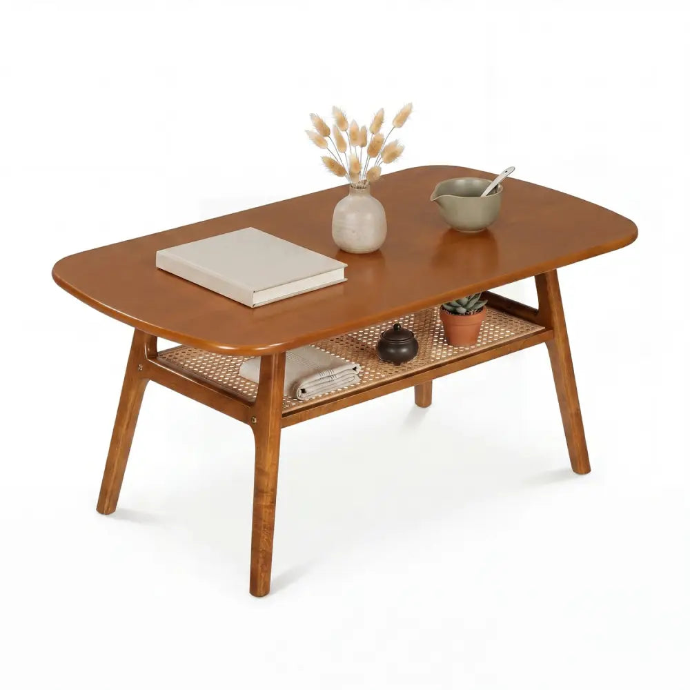 2-Tier Boho Rattan Coffee Table with Rounded Corners-Walnut - Walnut - Coffee Tables