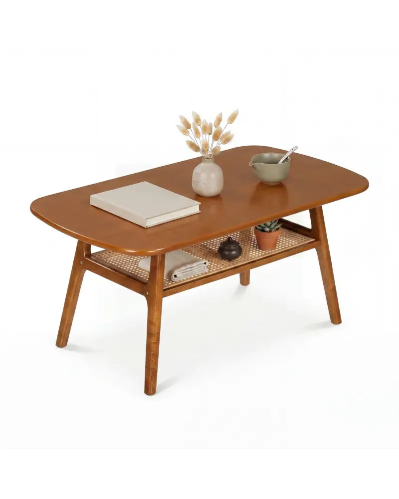 2-Tier Boho Rattan Coffee Table with Rounded Corners-Walnut - Walnut - Coffee Tables