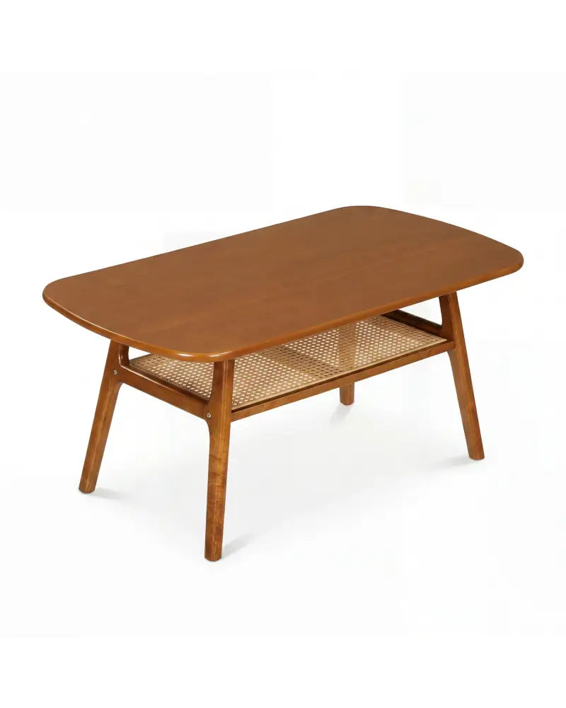 2-Tier Boho Rattan Coffee Table with Rounded Corners-Walnut - Walnut - Coffee Tables