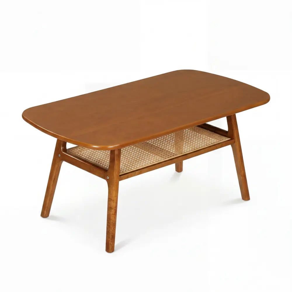 2-Tier Boho Rattan Coffee Table with Rounded Corners-Walnut - Walnut - Coffee Tables
