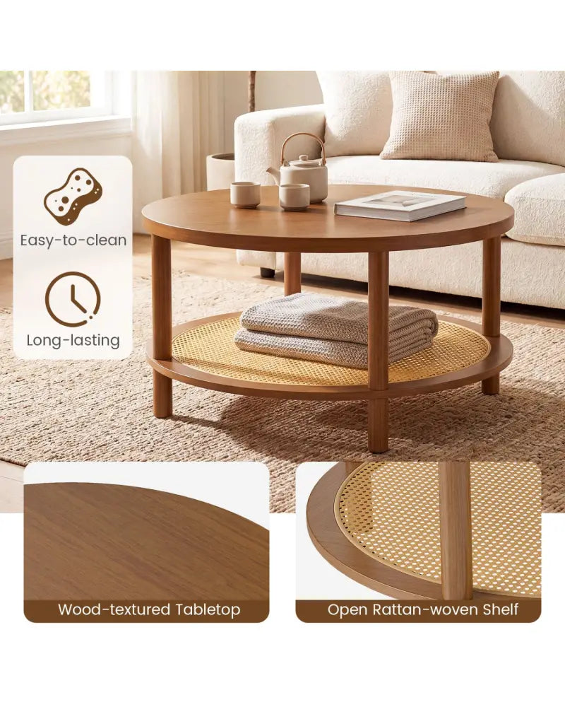 2-Tier Boho Round Rattan Coffee Table with Storage Shelf-Walnut - Walnut - Coffee Tables