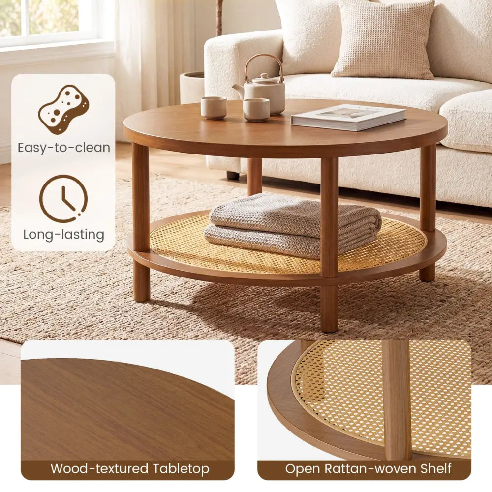 2-Tier Boho Round Rattan Coffee Table with Storage Shelf-Walnut - Walnut - Coffee Tables