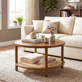 2-Tier Boho Round Rattan Coffee Table with Storage Shelf-Walnut - Walnut - Coffee Tables