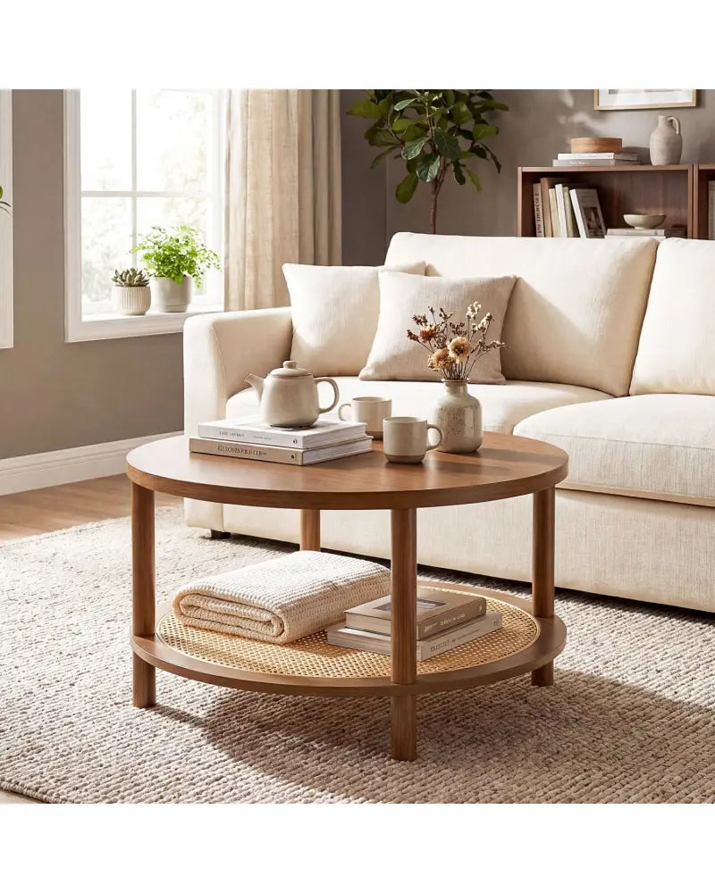 2-Tier Boho Round Rattan Coffee Table with Storage Shelf-Walnut - Walnut - Coffee Tables