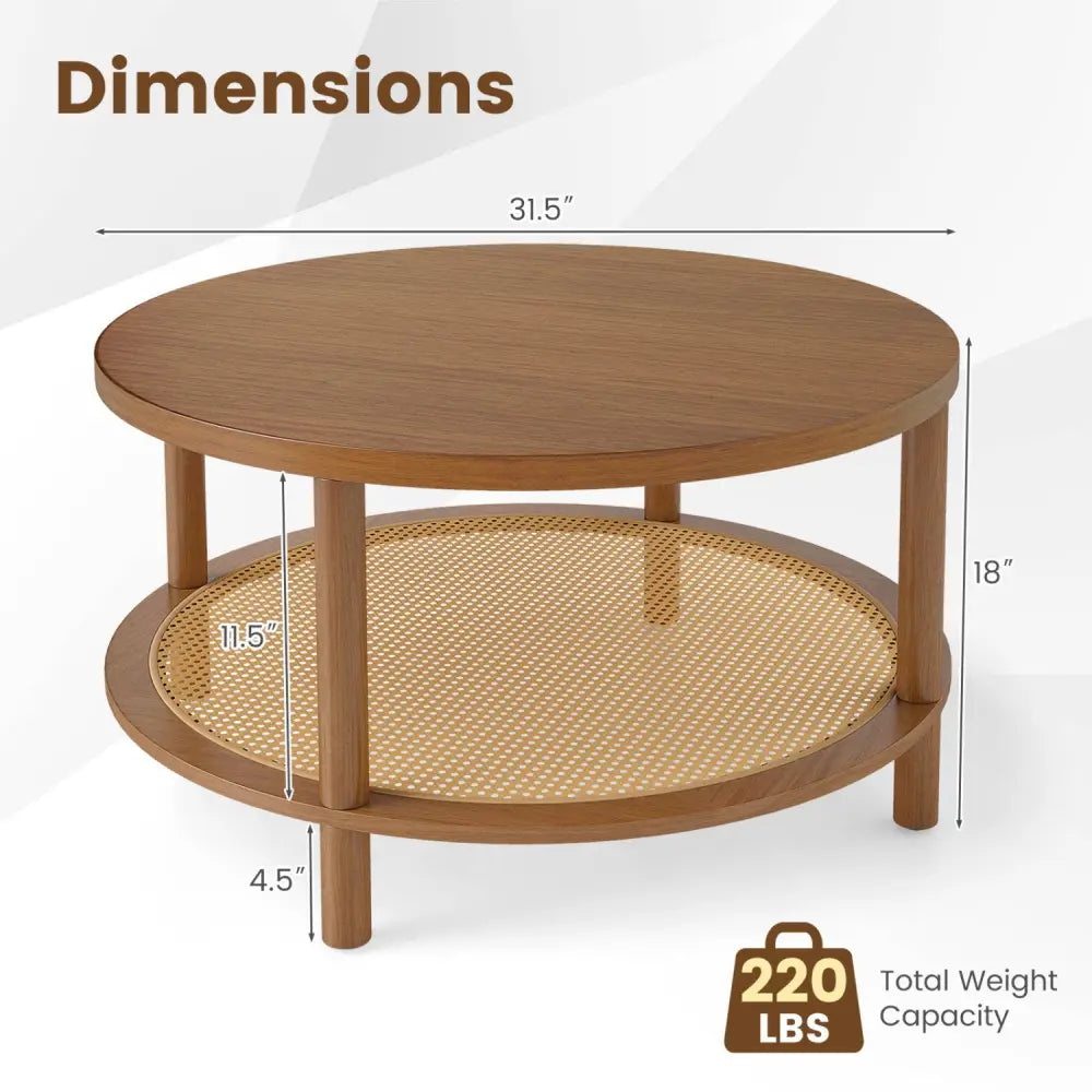 2-Tier Boho Round Rattan Coffee Table with Storage Shelf-Walnut - Walnut - Coffee Tables