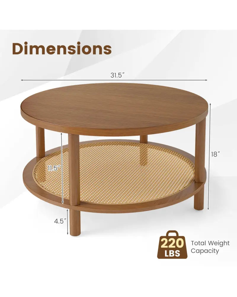 2-Tier Boho Round Rattan Coffee Table with Storage Shelf-Walnut - Walnut - Coffee Tables