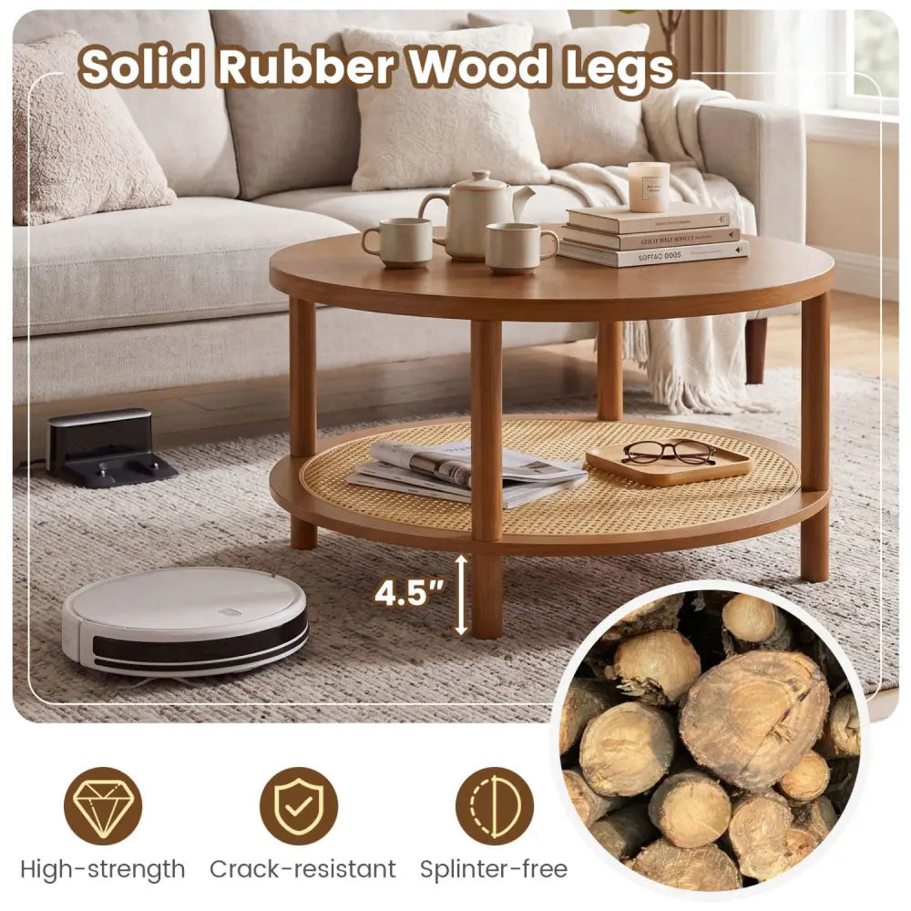 2-Tier Boho Round Rattan Coffee Table with Storage Shelf-Walnut - Walnut - Coffee Tables