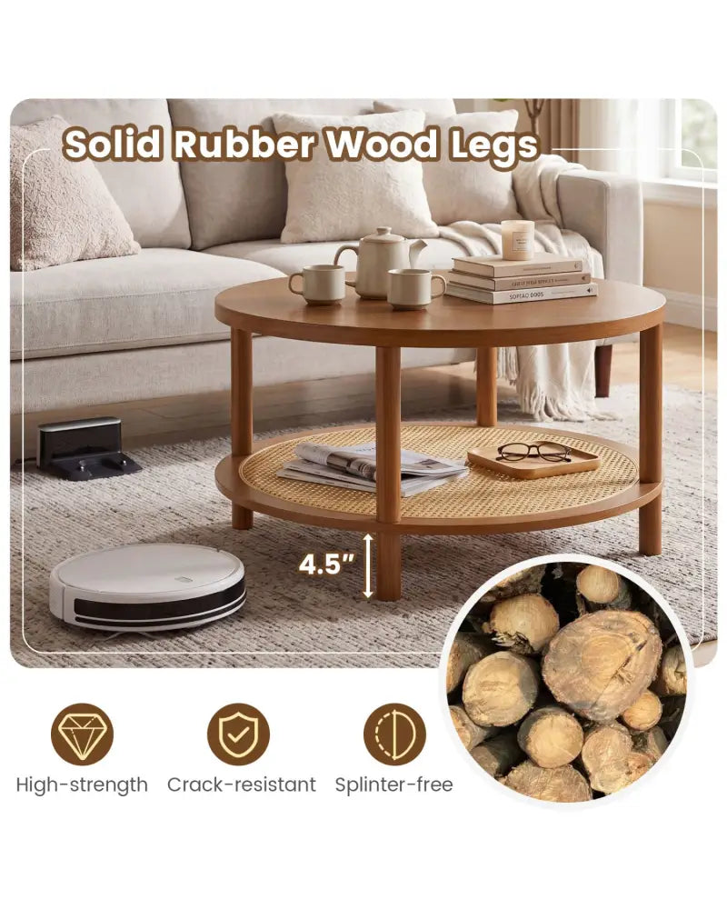 2-Tier Boho Round Rattan Coffee Table with Storage Shelf-Walnut - Walnut - Coffee Tables