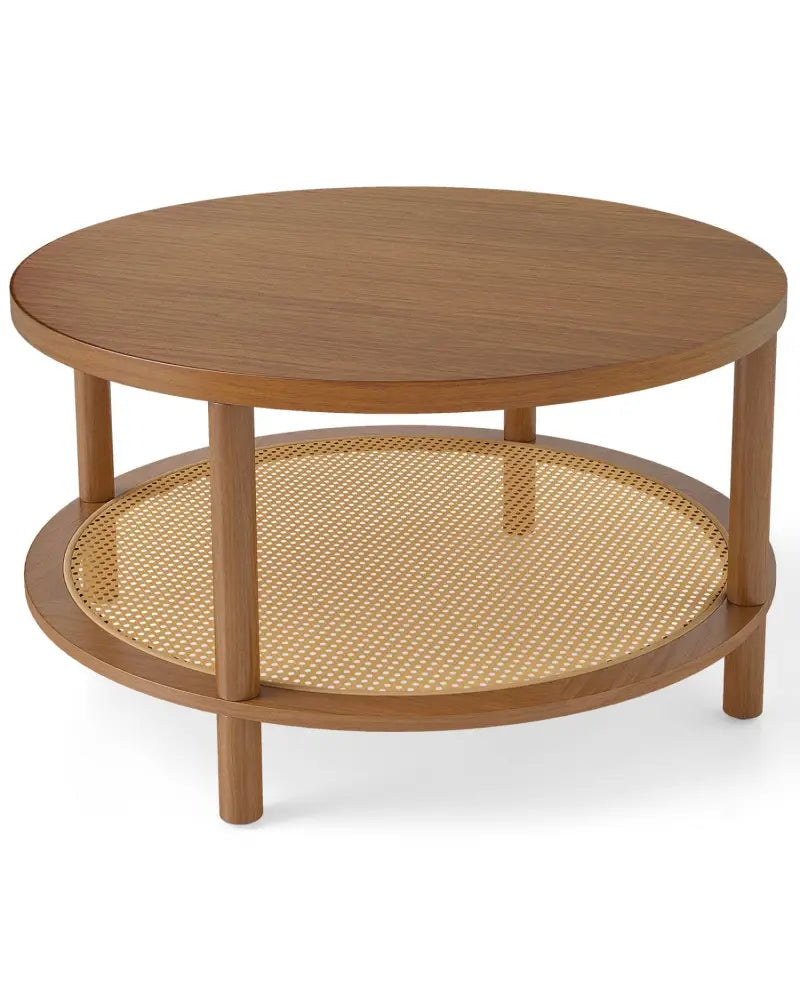 2-Tier Boho Round Rattan Coffee Table with Storage Shelf-Walnut - Walnut - Coffee Tables