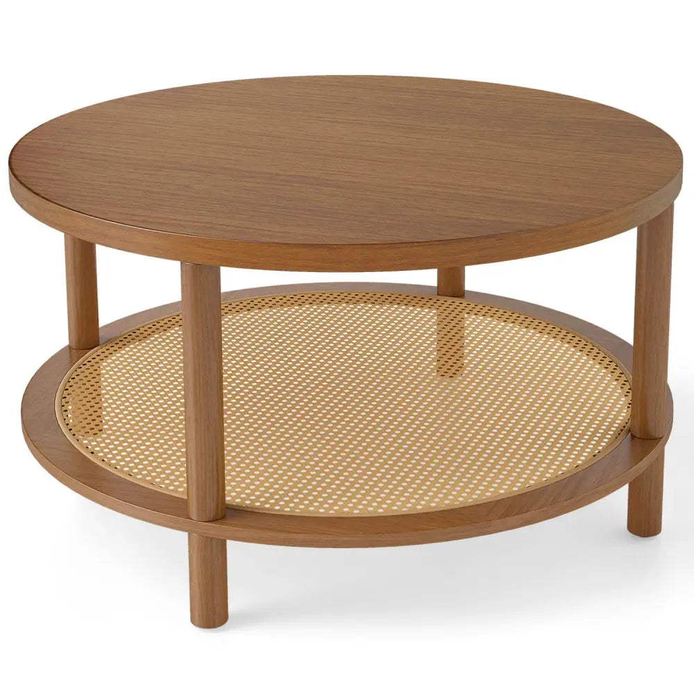 2-Tier Boho Round Rattan Coffee Table with Storage Shelf-Walnut - Walnut - Coffee Tables
