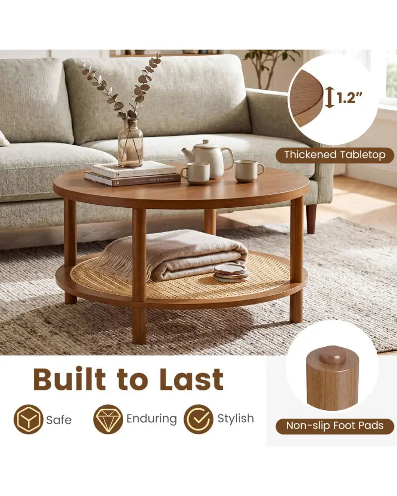2-Tier Boho Round Rattan Coffee Table with Storage Shelf-Walnut - Walnut - Coffee Tables