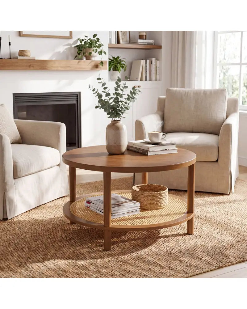 2-Tier Boho Round Rattan Coffee Table with Storage Shelf-Walnut - Walnut - Coffee Tables