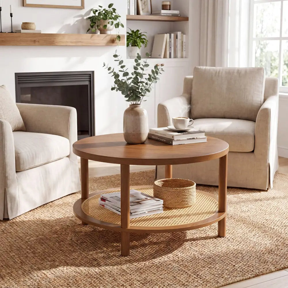 2-Tier Boho Round Rattan Coffee Table with Storage Shelf-Walnut - Walnut - Coffee Tables