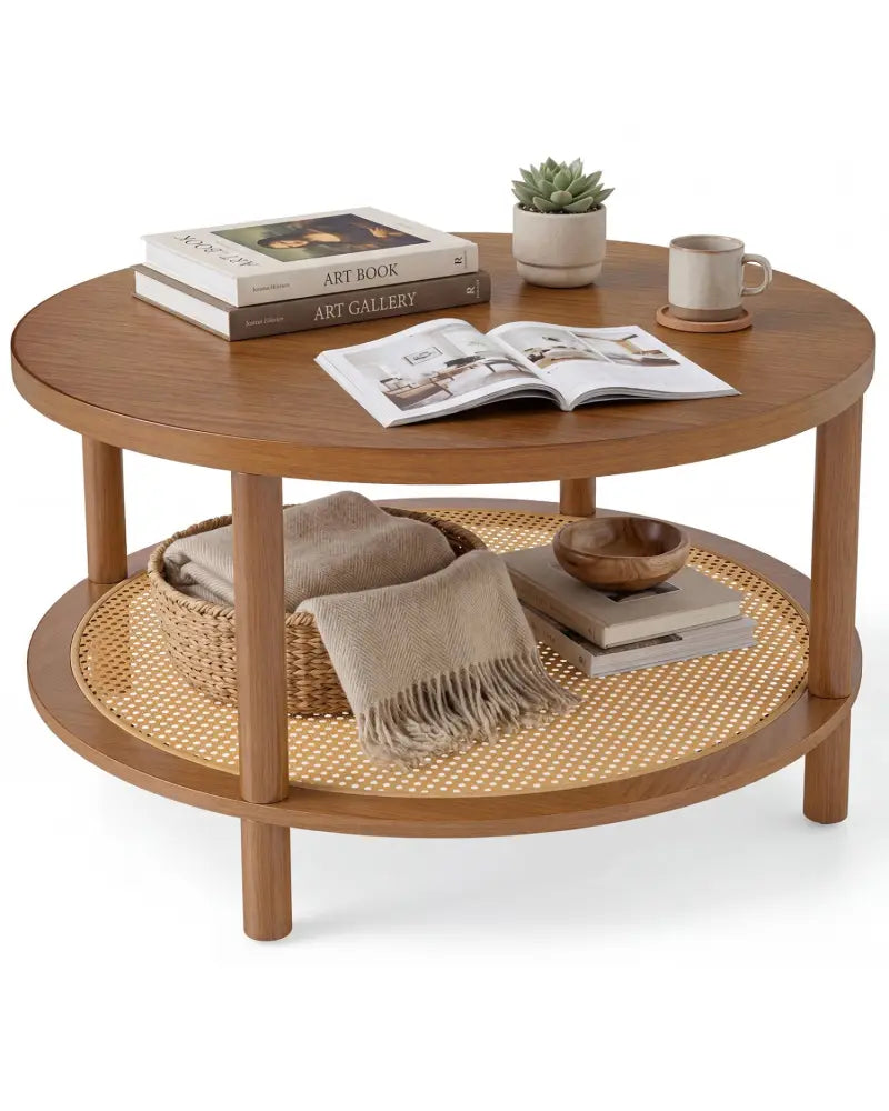 2-Tier Boho Round Rattan Coffee Table with Storage Shelf-Walnut - Walnut - Coffee Tables