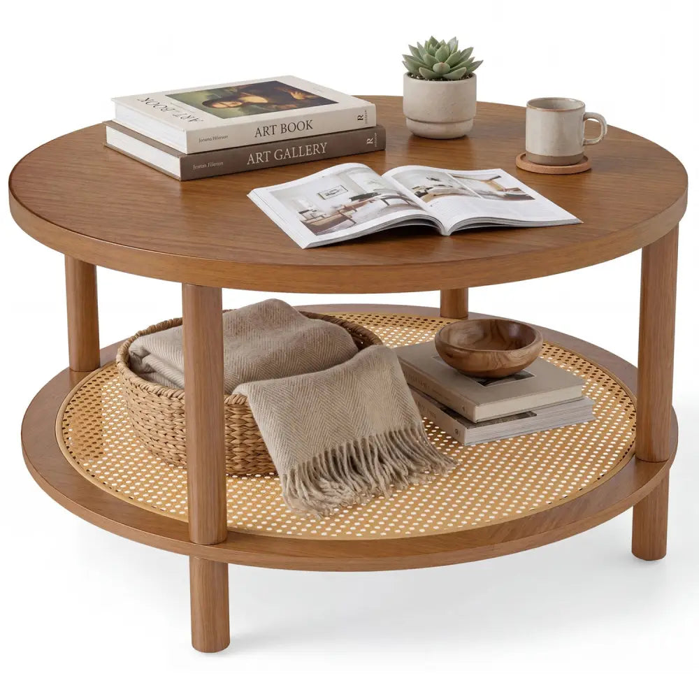 2-Tier Boho Round Rattan Coffee Table with Storage Shelf-Walnut - Walnut - Coffee Tables