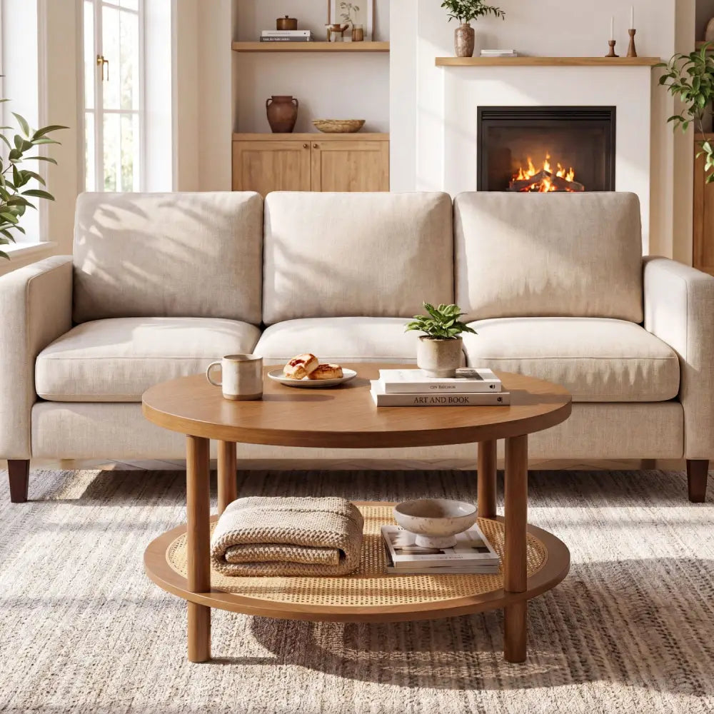 2-Tier Boho Round Rattan Coffee Table with Storage Shelf-Walnut - Walnut - Coffee Tables
