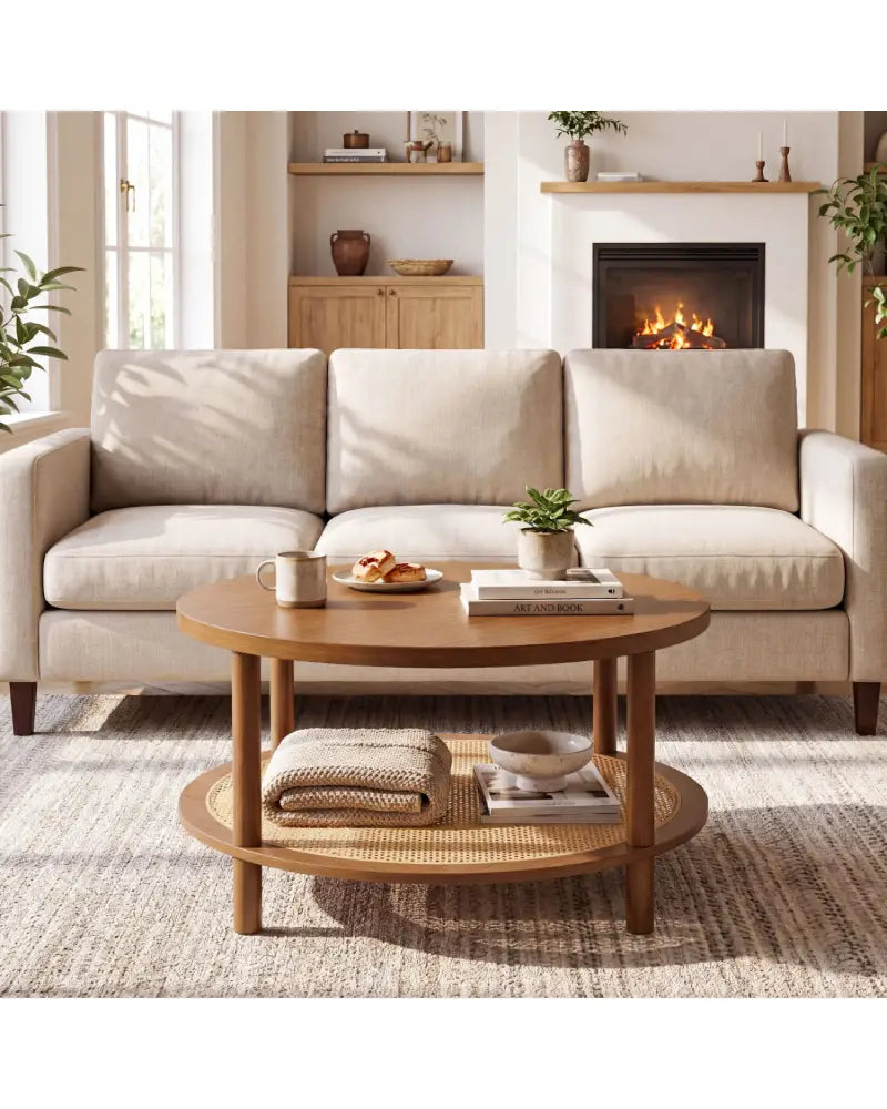 2-Tier Boho Round Rattan Coffee Table with Storage Shelf-Walnut - Walnut - Coffee Tables