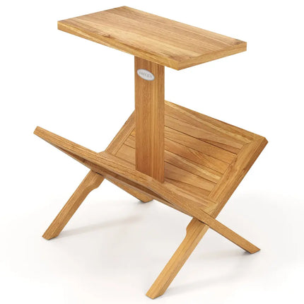 2-Tier Bookshelf with Teak Wood Frame and Anti-Slip Foot Mats for Small Spaces Costway