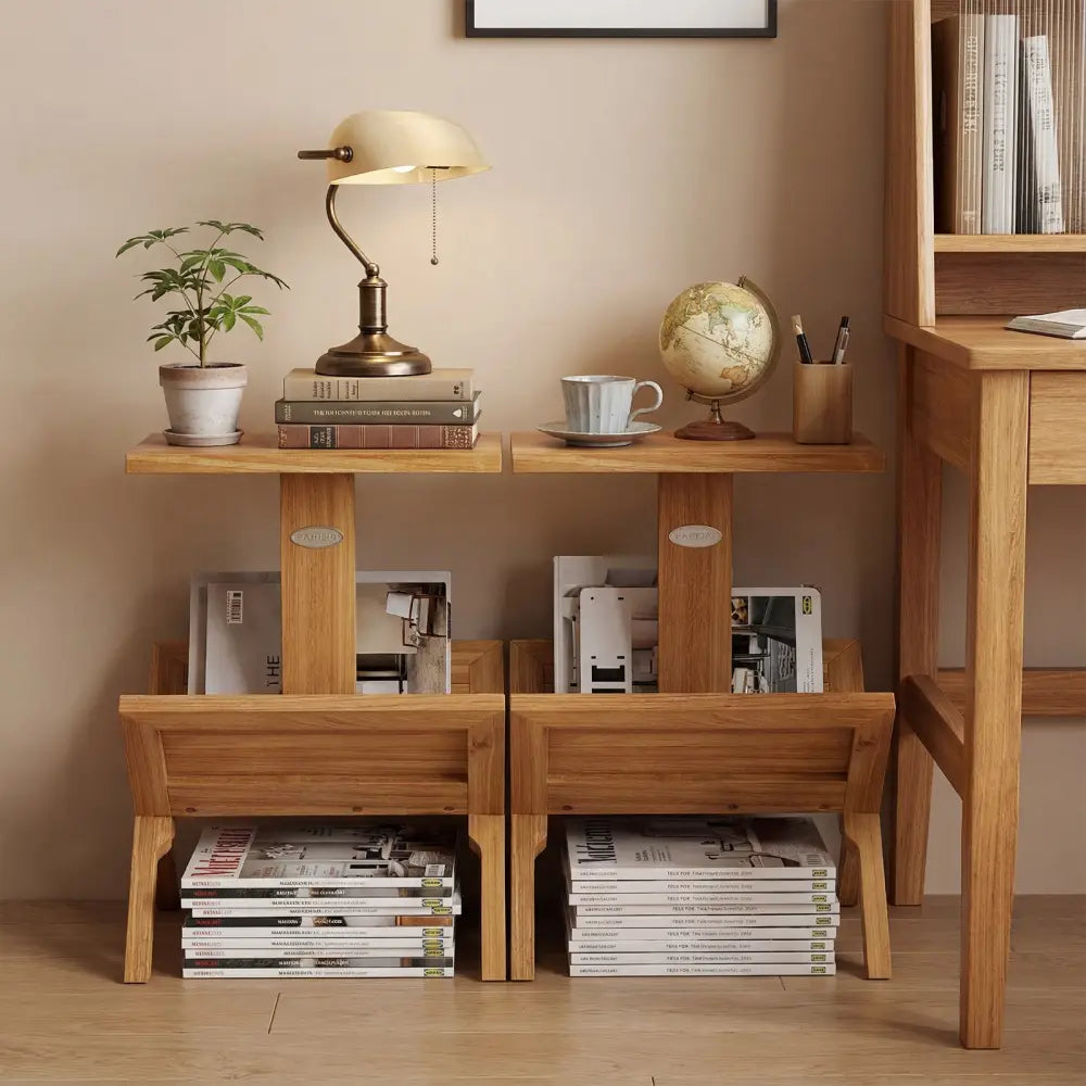 2-Tier Bookshelf with Teak Wood Frame and Anti-Slip Foot Mats for Small Spaces Costway
