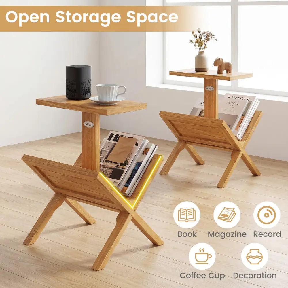 2-Tier Bookshelf with Teak Wood Frame and Anti-Slip Foot Mats for Small Spaces Costway