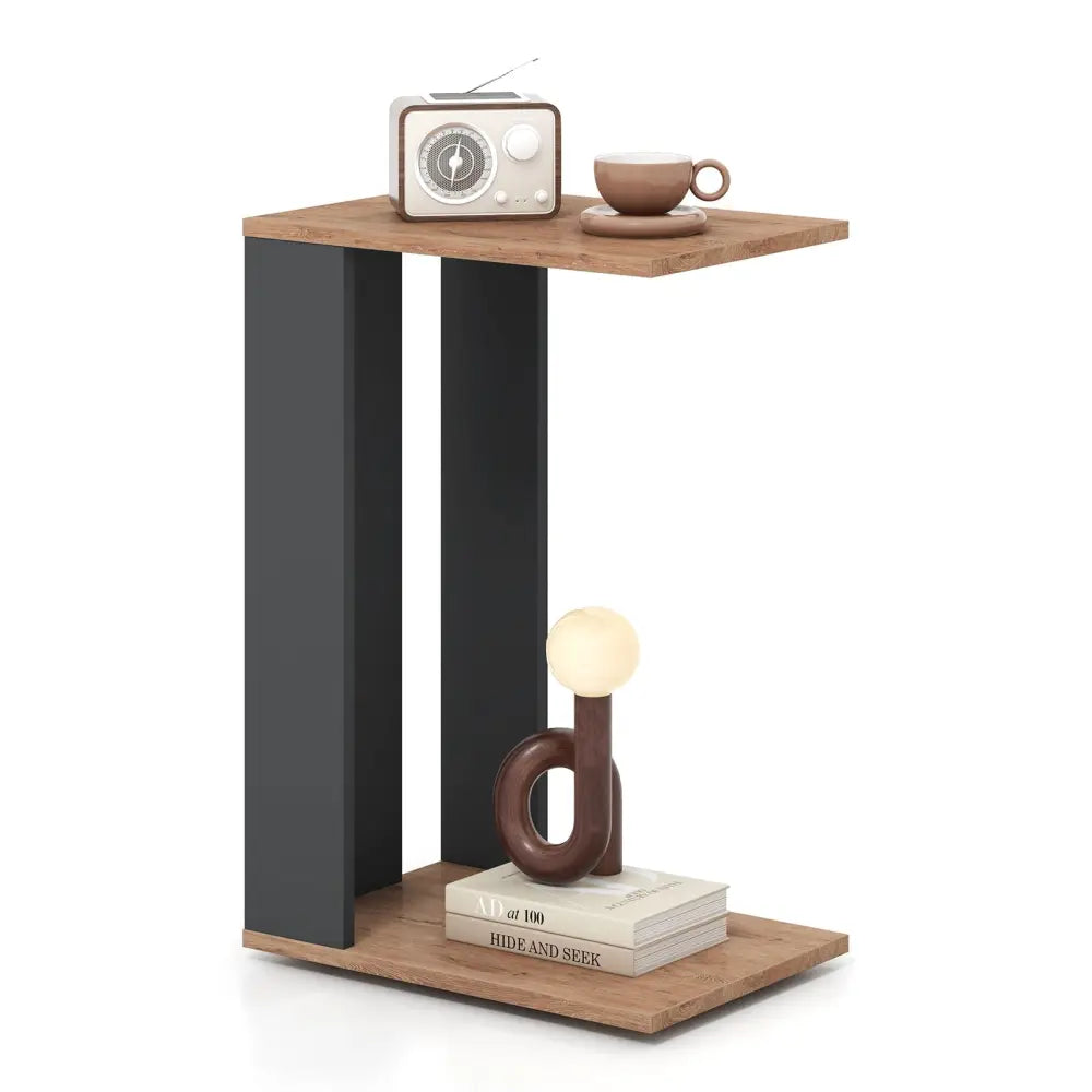 2-Tier C-Shaped Side Table with Universal Wheels and Shelf-Rustic Brown Costway