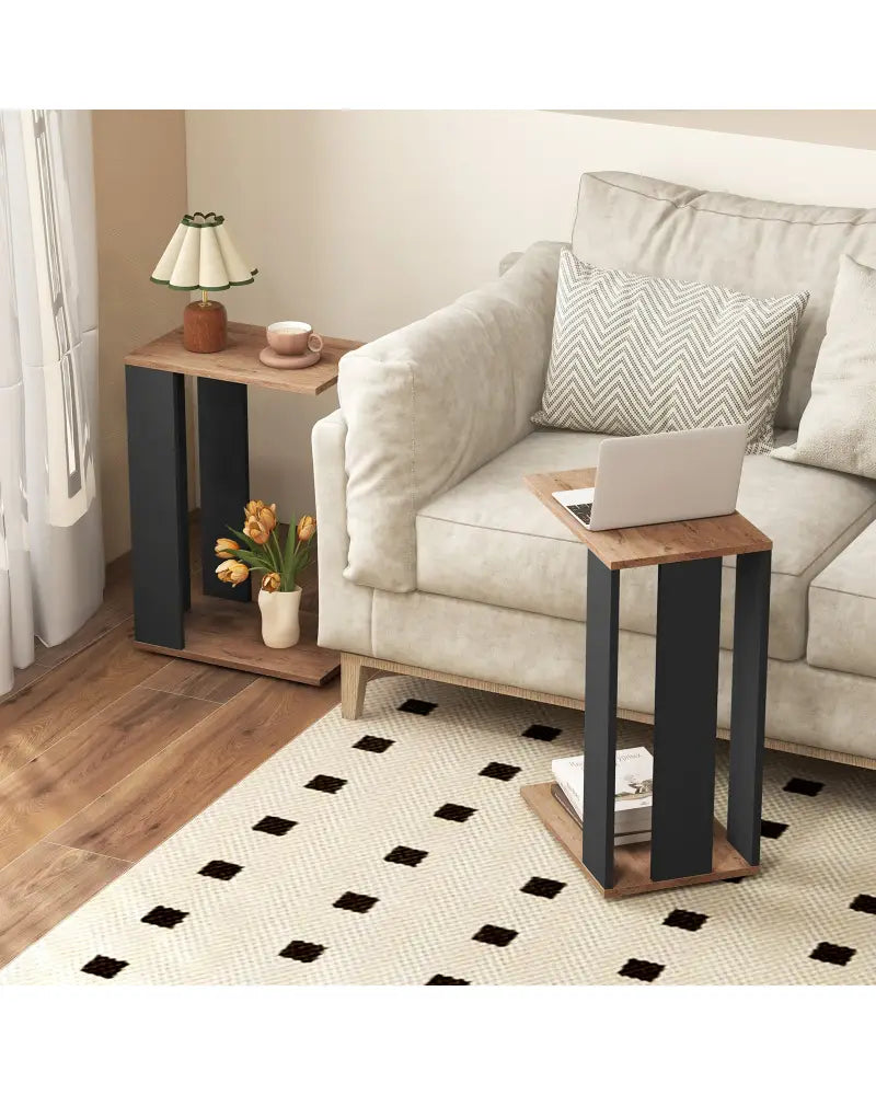 2-Tier C-Shaped Side Table with Universal Wheels and Shelf-Rustic Brown - Rustic Brown - End & Side Tables