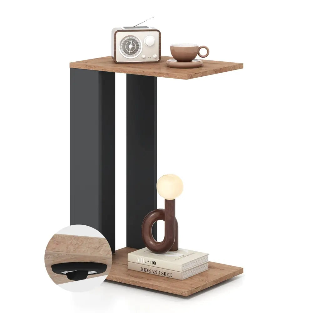 2-Tier C-Shaped Side Table with Universal Wheels and Shelf-Rustic Brown Costway