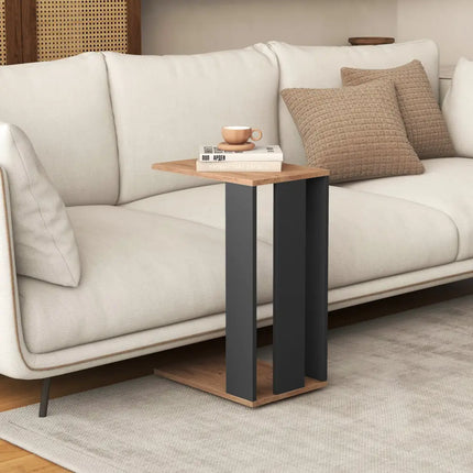 2-Tier C-Shaped Side Table with Universal Wheels and Shelf-Rustic Brown Costway