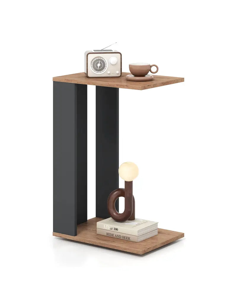 2-Tier C-Shaped Side Table with Universal Wheels and Shelf-Rustic Brown - Rustic Brown - End & Side Tables