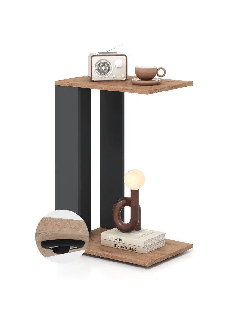 2-Tier C-Shaped Side Table with Universal Wheels and Shelf-Rustic Brown - Rustic Brown - End & Side Tables