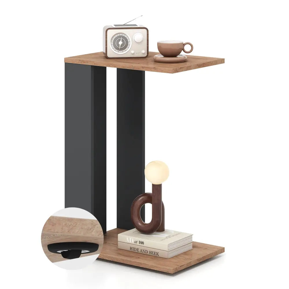 2-Tier C-Shaped Side Table with Universal Wheels and Shelf-Rustic Brown - Rustic Brown - End & Side Tables