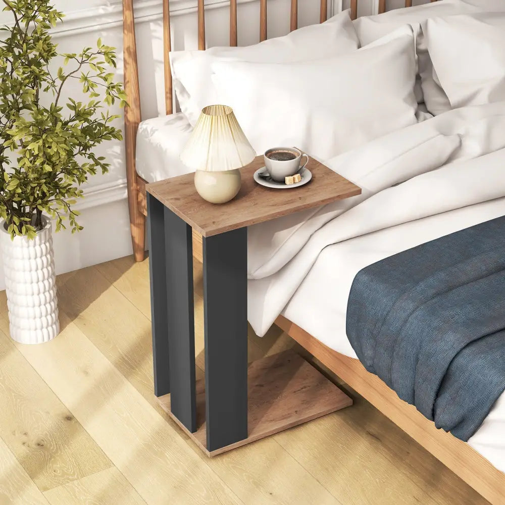2-Tier C-Shaped Side Table with Universal Wheels and Shelf-Rustic Brown Costway