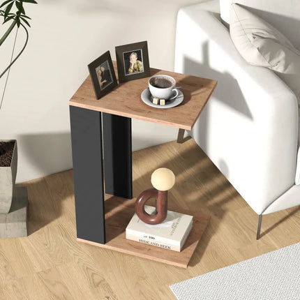 2-Tier C-Shaped Side Table with Universal Wheels and Shelf-Rustic Brown Costway