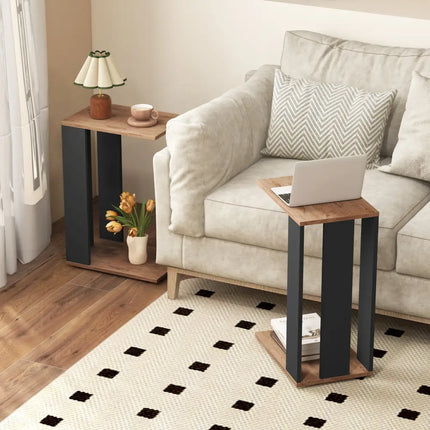 2-Tier C-Shaped Side Table with Universal Wheels and Shelf-Rustic Brown Costway