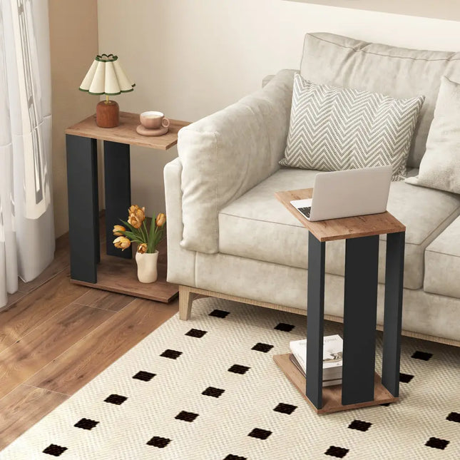 2-Tier C-Shaped Side Table with Universal Wheels and Shelf-Rustic Brown Costway