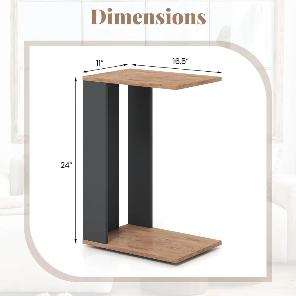 2-Tier C-Shaped Side Table with Universal Wheels and Shelf-Rustic Brown Costway