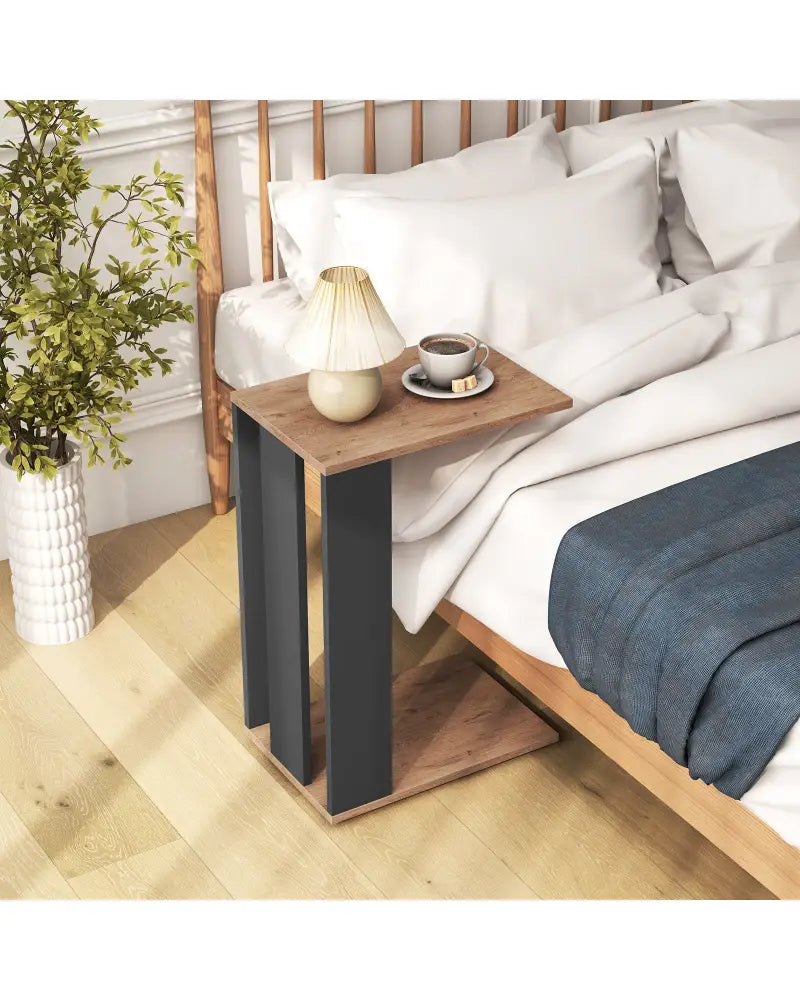 2-Tier C-Shaped Side Table with Universal Wheels and Shelf-Rustic Brown - Rustic Brown - End & Side Tables
