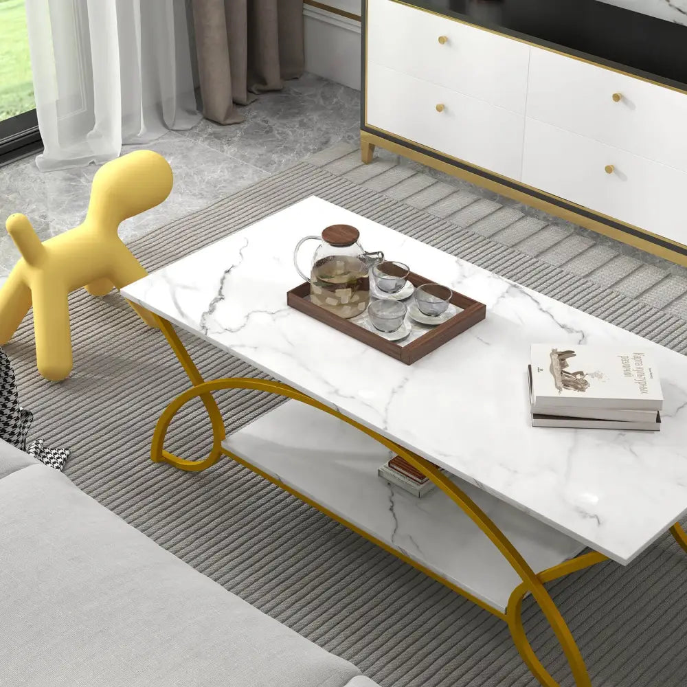 2-Tier Coffee Table Gold Rectangle for Living Room-Golden - White - Coffee Tables